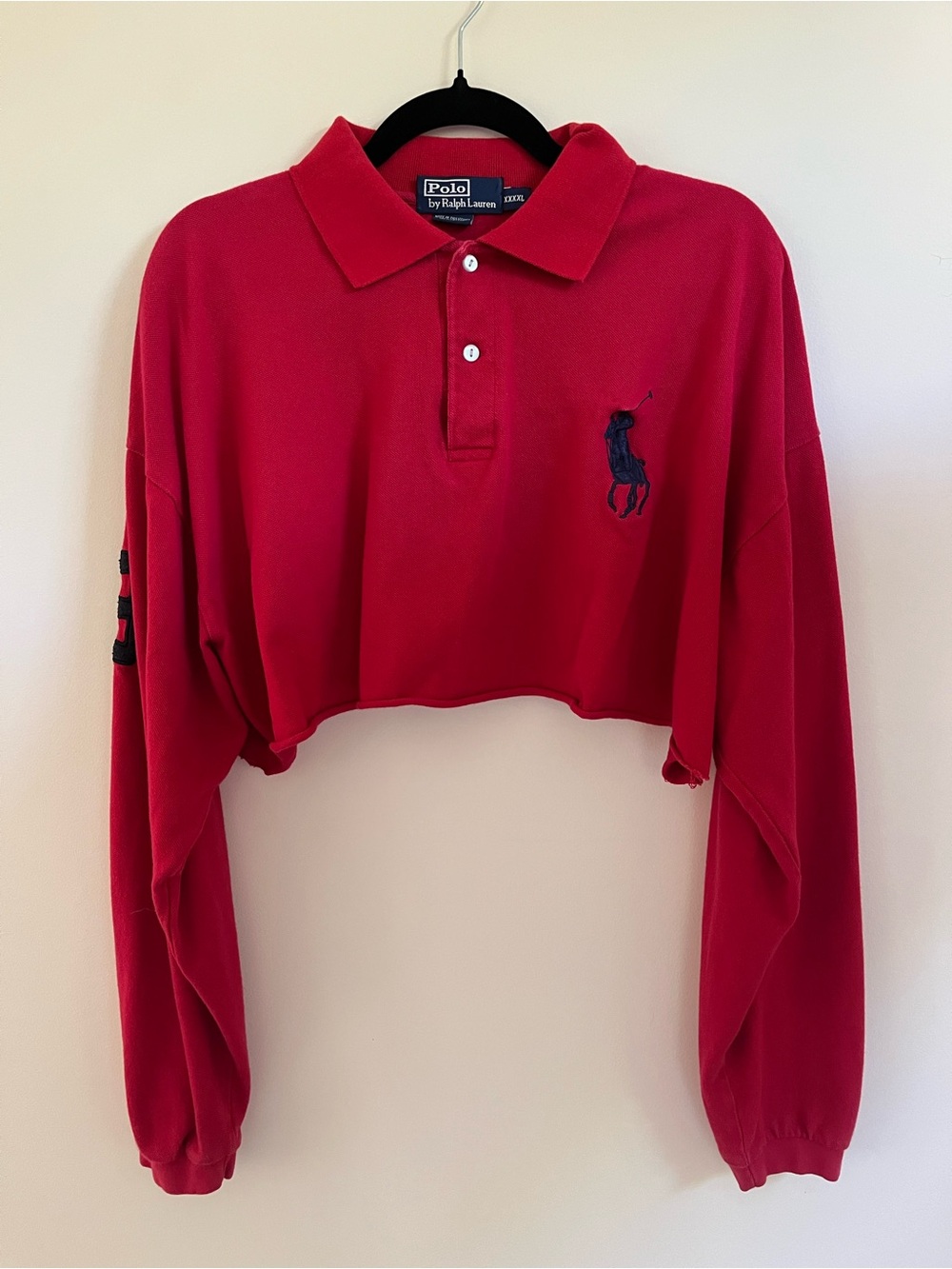 Vintage Polo Ralph Lauren Cropped Long-Sleeve Polo in Red with Navy Pony